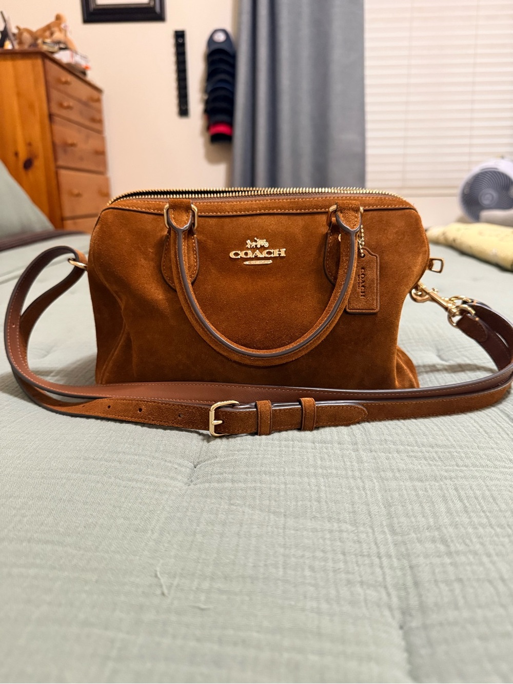 COACH Allison Suede Satchel Bag in Brown - Crossbody Strap